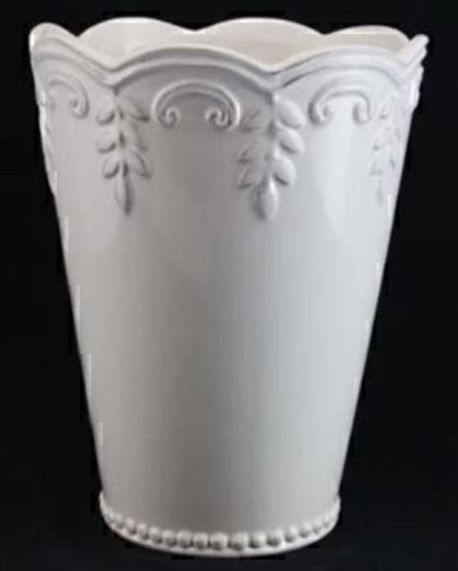 White Ceramic Embossed Fluted Vase by Gisela Graham. French style vase with embossed detailing. Size 15x19x15cm
